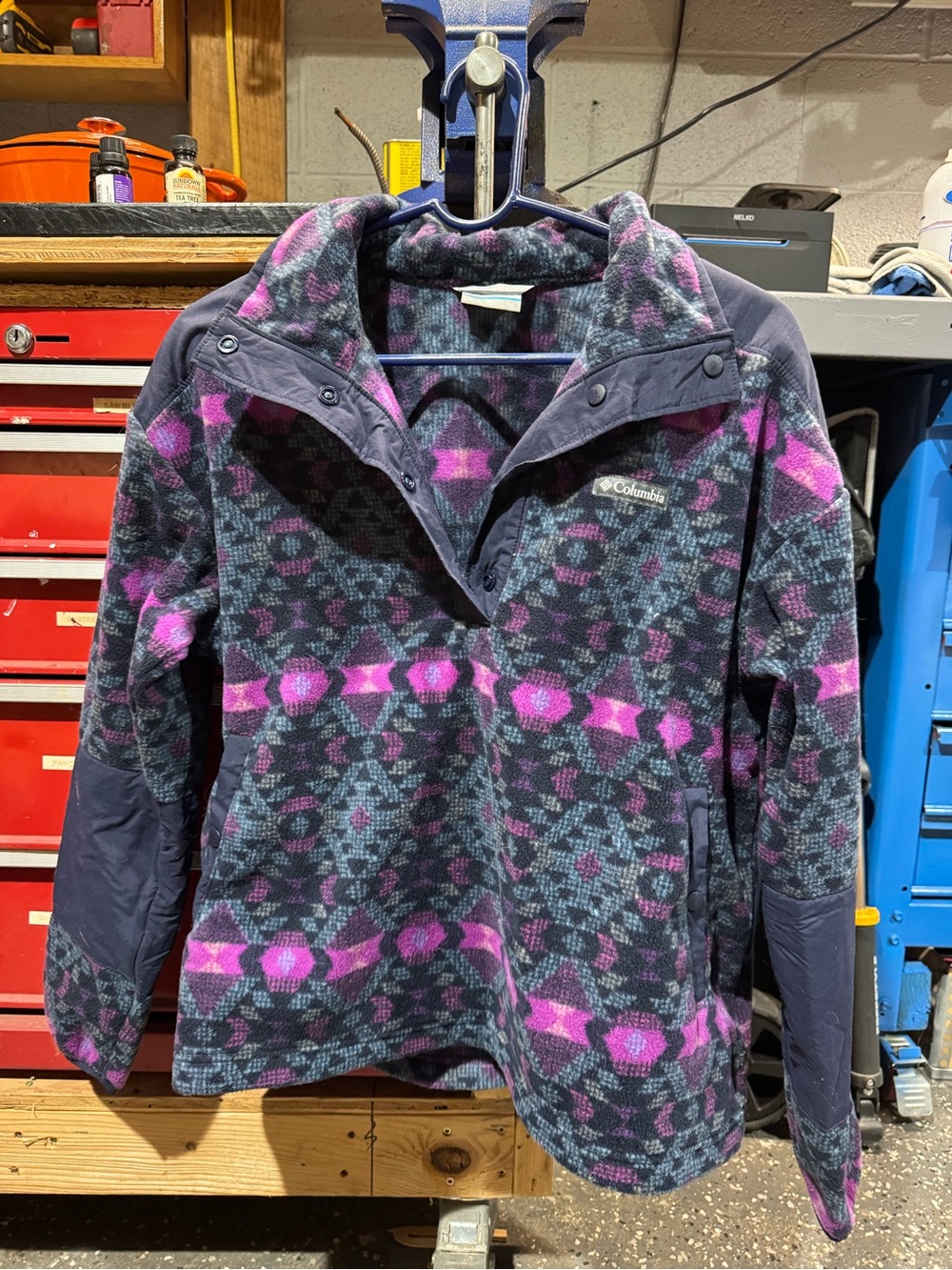 Columbia Navy Fleece Jacket with Pink and Teal Geometric Pattern